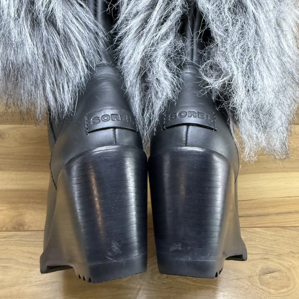 Sorel Park City Lux Leather Boot Womens 8.5 Black Gray Faux Fur Waterproof Wedge